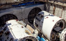 Aerial view of the tunnel boring machines that form the east tunnel of Toronto